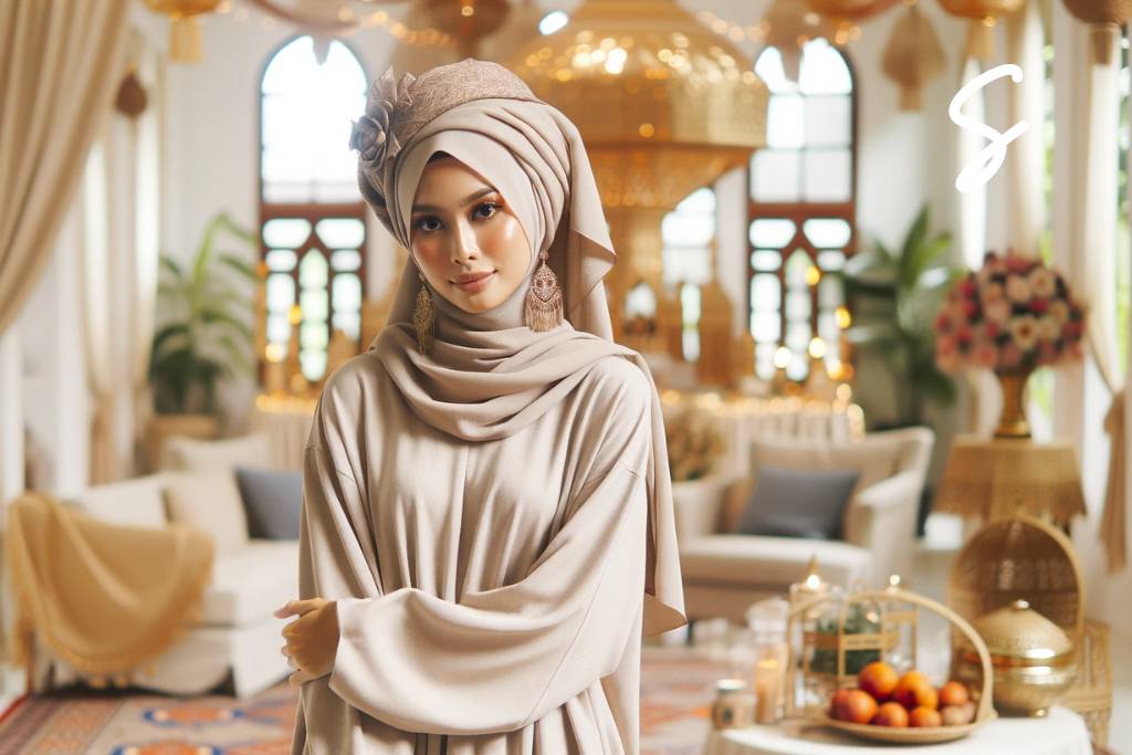 Gamis Warna Beige dan Jilbab Turban