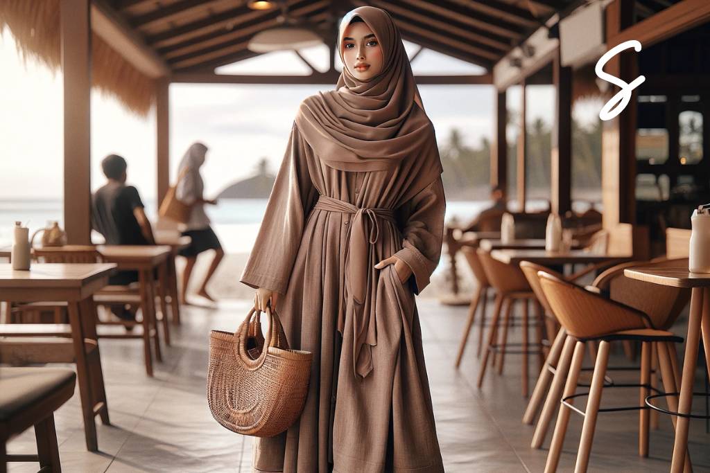 Gamis Warna Cokelat, Kemeja Warna Nude, dan Tas Rotan