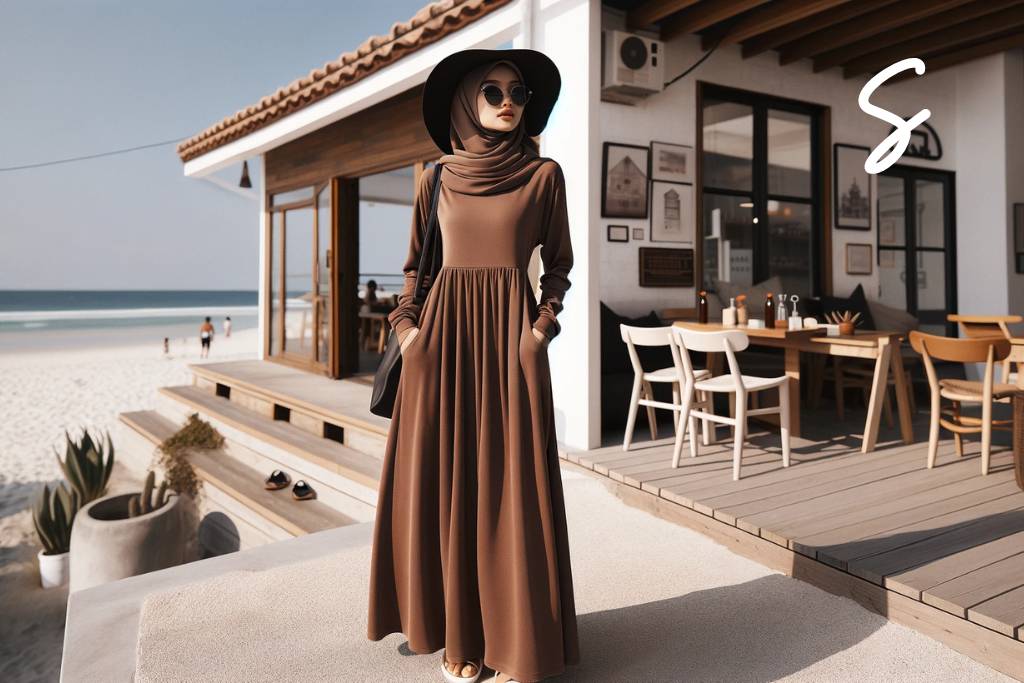 Gamis Warna Cokelat Susu, Kacamata Hitam, dan Floppy Hat