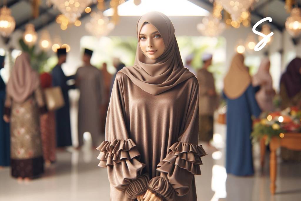 Gamis Warna Cokelat Susu dengan Aksen Ruffle