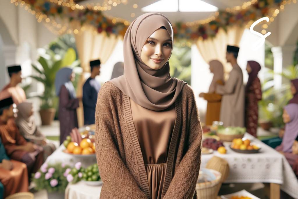 Gamis Warna Cokelat dengan Cardigan Rajut