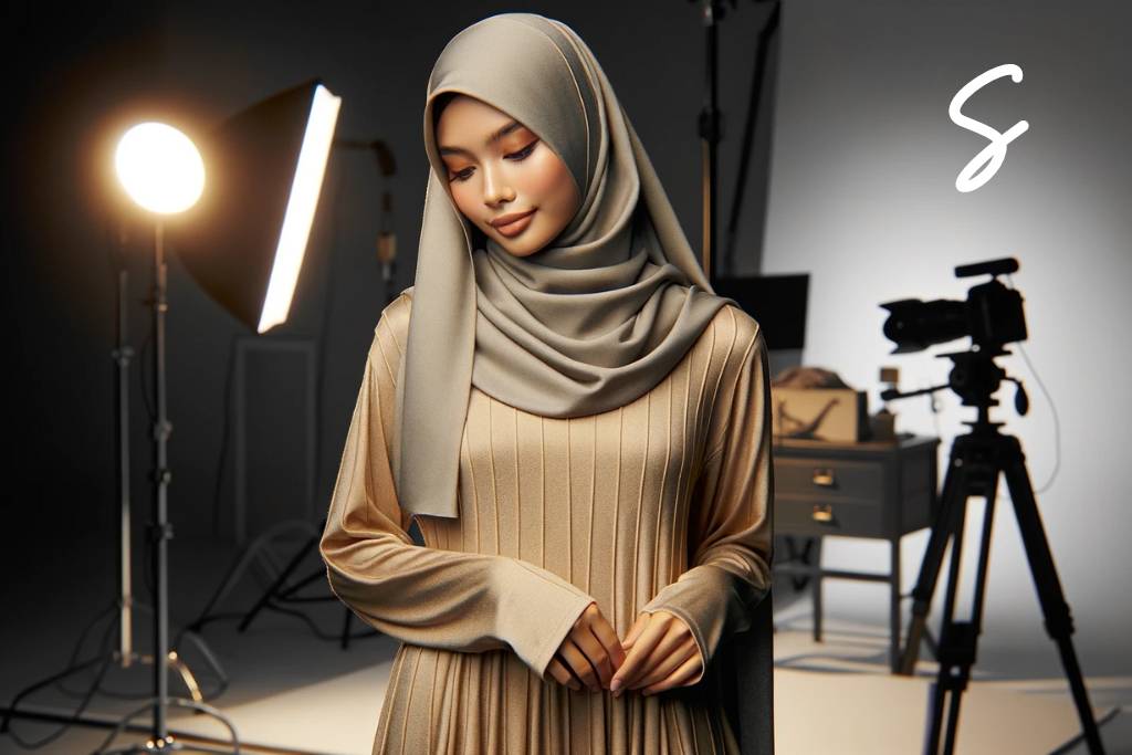 Gamis Warna Gold dan Jilbab Warna Abu-abu