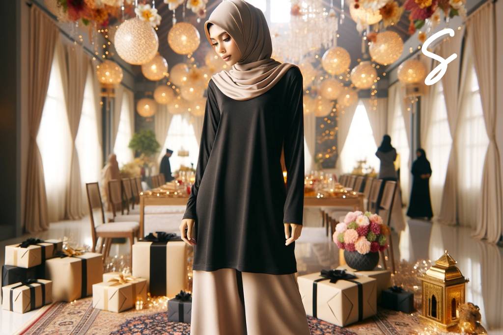 Gamis Warna Hitam dan Celana Bahan Warna Beige