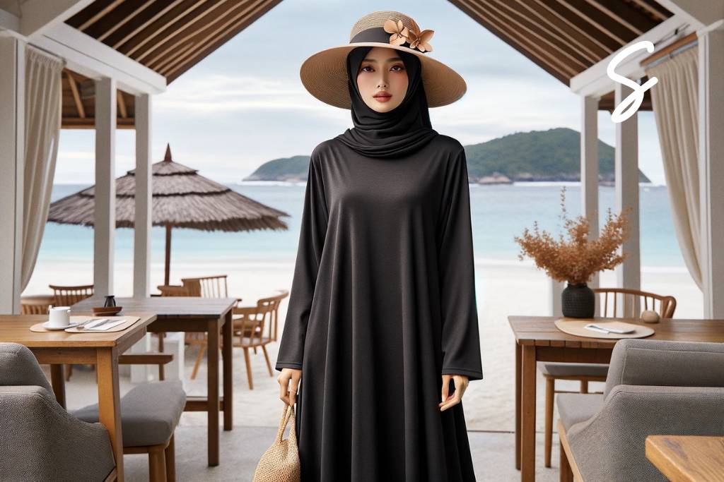 Gamis Warna Hitam dan Floppy Hat Jerami