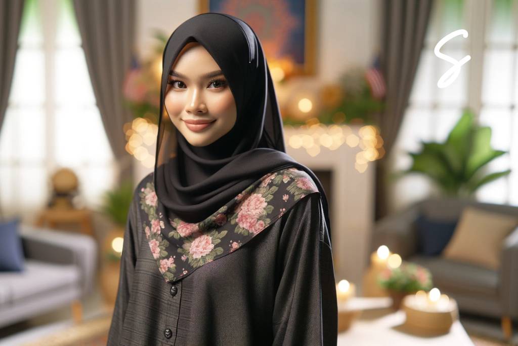 Gamis Warna Hitam dan Hijab Bermotif Floral