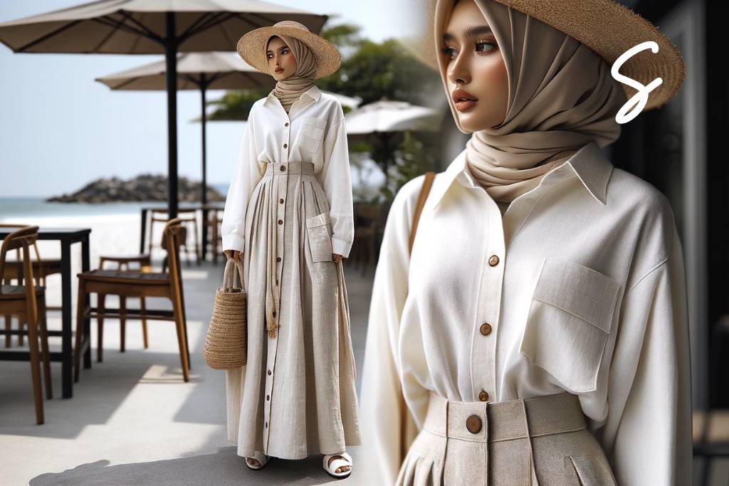 Kemeja Putih Oversize dan Rok Linen Beige