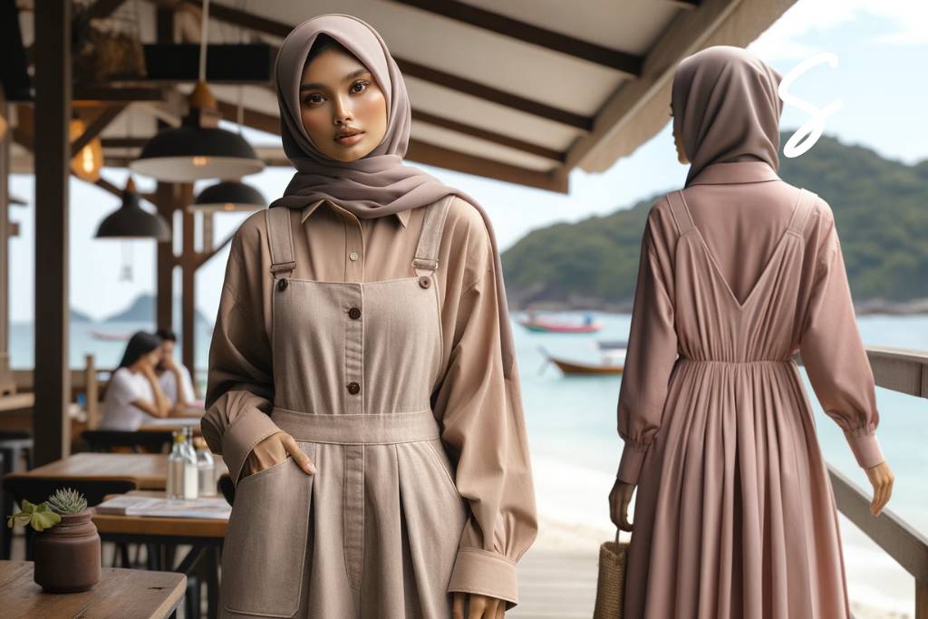 Kemeja Warna Cokelat Susu dan Overall Dress Warna Dusty Pink