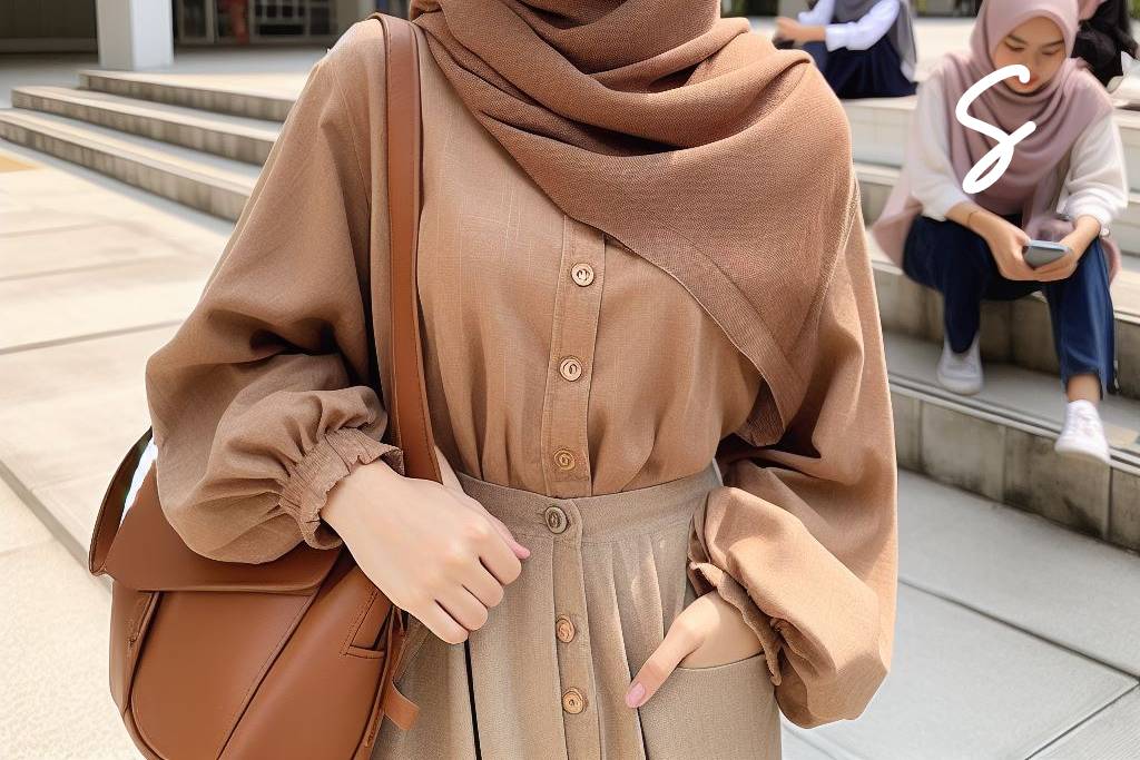 Gamis Warna Cokelat dan Kemeja Warna Nude