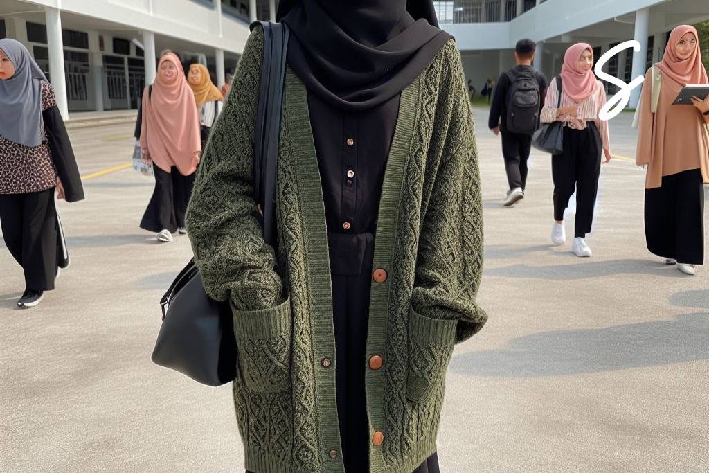 Gamis Warna Hitam dan Cardigan Rajut Warna Hijau