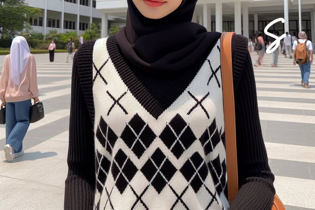 Gamis Warna Hitam dan Knitted Vest Motif Argye Hitam Putih