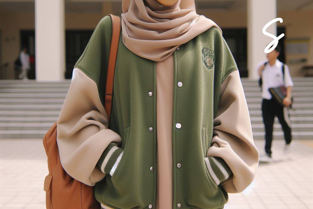 Gamis Warna Nude dan Jaket Varsity Oversize Warna Hijau