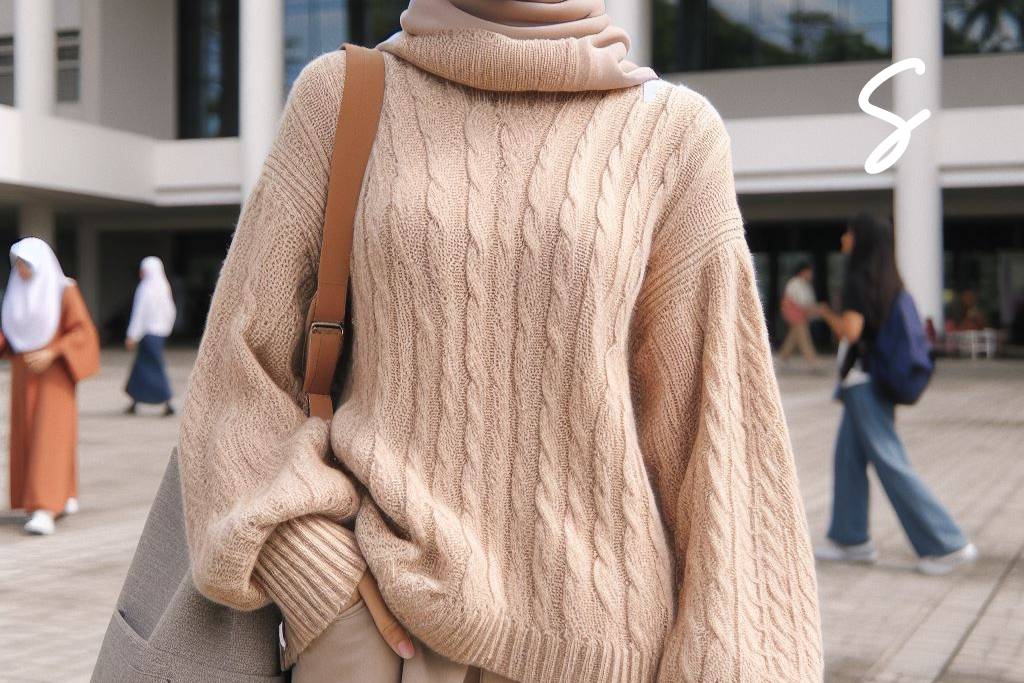 Gamis Warna Nude dan Turtleneck Knitted Sweater Warna Beige